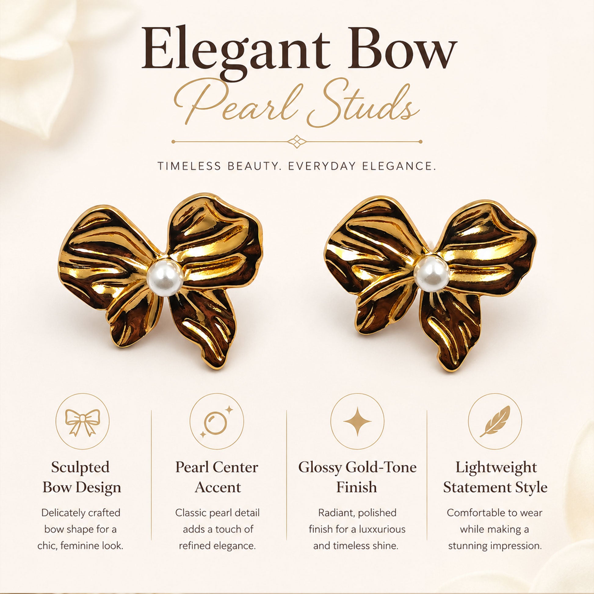 Detailed view of sculpted gold bow earrings with white pearl