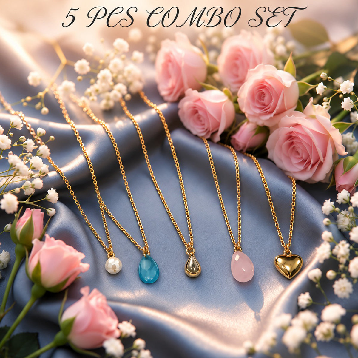 Masfaa Women's 5 Piece Assorted Pendant Necklace Set with Delicate Chains