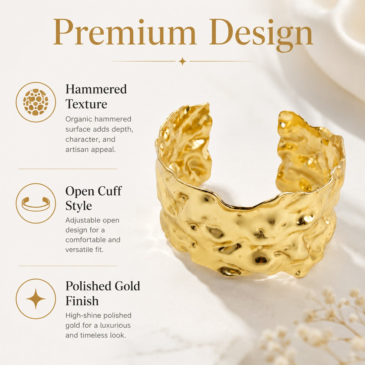 Gold Crushed Texture Open Cuff Bracelet