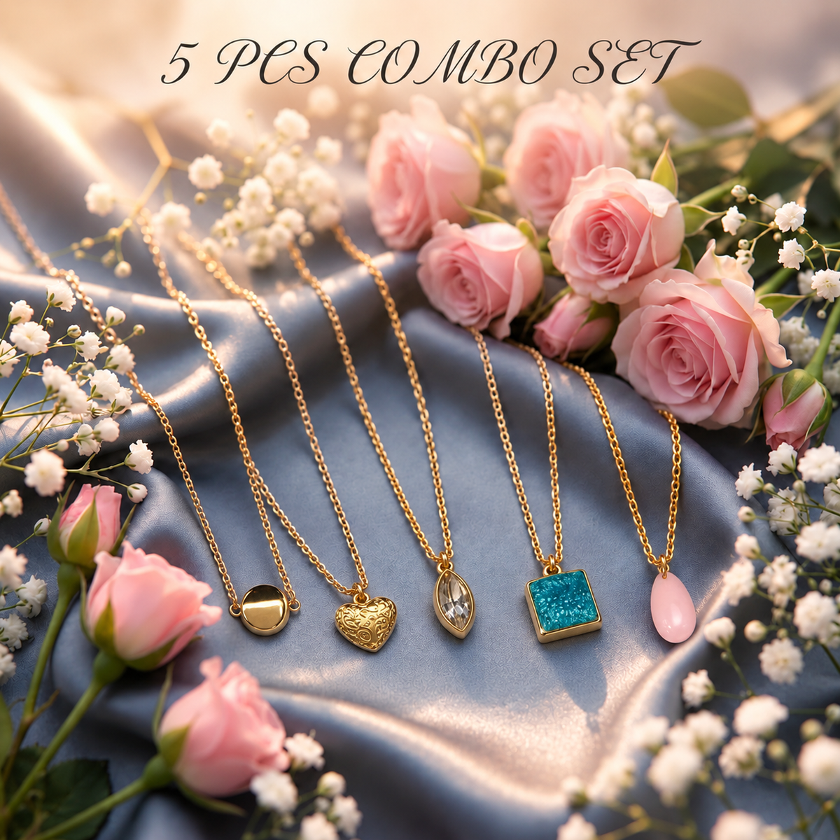 Masfaa Women's 5 Piece Assorted Pendant Necklace Set with Delicate Chains