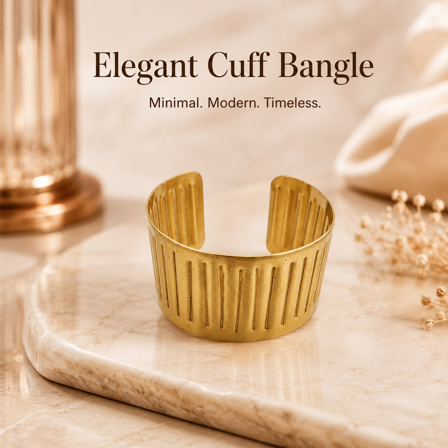 Brass Vertical Groove Wide Open Cuff Bracelet