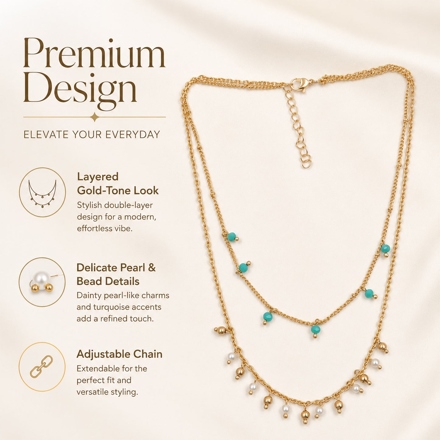 Gold plated double-layer necklace with colourful bead charms