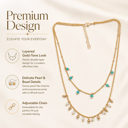Gold plated double-layer necklace with colourful bead charms