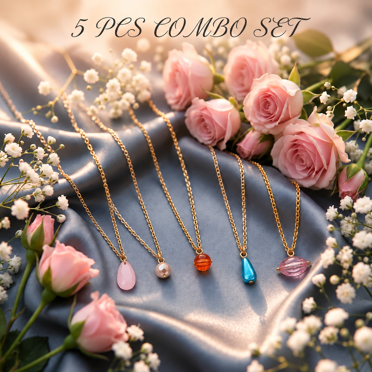 Masfaa Women's 5 Piece Assorted Bead Pendant Necklace Set with Delicate Chains