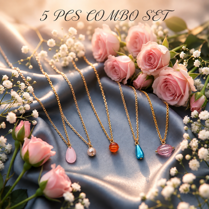 Masfaa Women's 5 Piece Assorted Bead Pendant Necklace Set with Delicate Chains