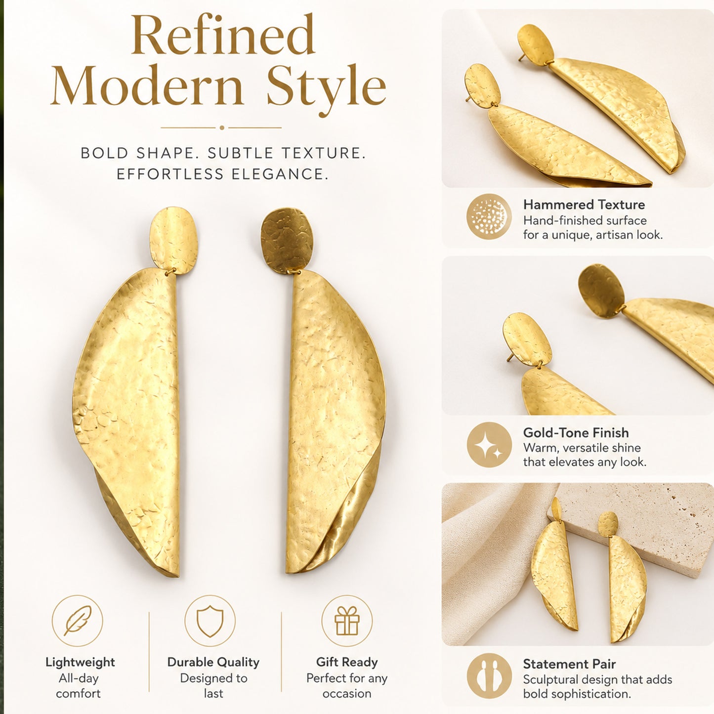 Brass Sculpted Folded Leaf Long Drop Earrings
