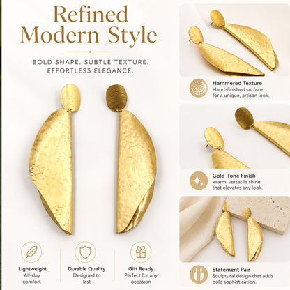 Brass Sculpted Folded Leaf Long Drop Earrings