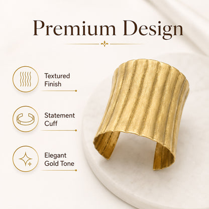 Brass Ribbed Texture Wide Open Cuff Bracelet