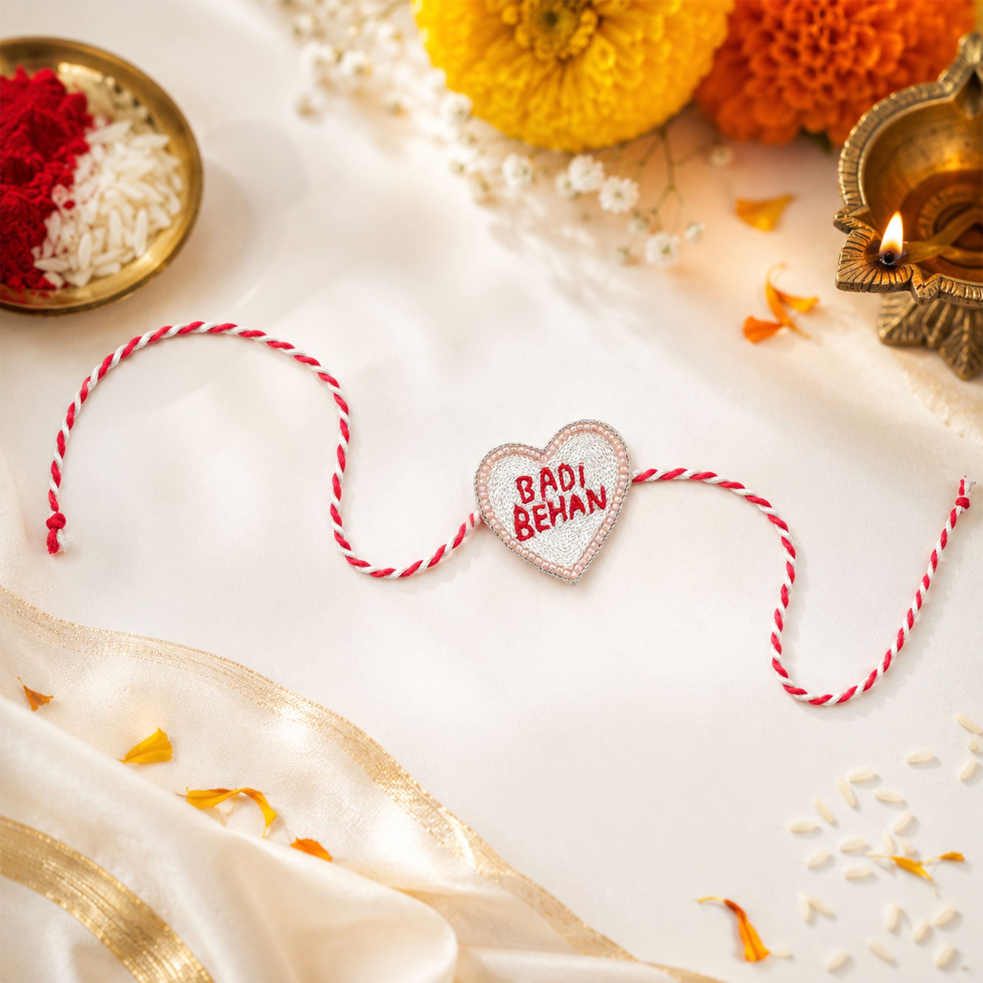 Close-up view of Badi Behan rakhi with pearl border detailing