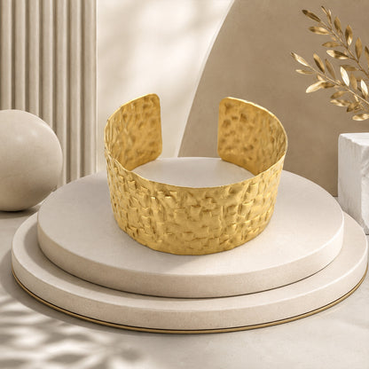 Brass Hammered Floral Texture Wide Open Cuff Bracelet