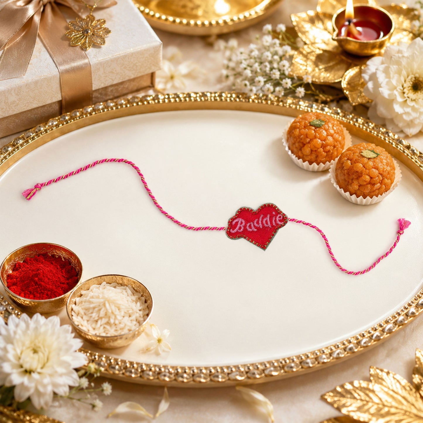 Close-up view of Dorie heart rakhi with embroidered detailing