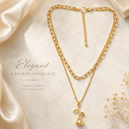 Gold plated layered necklace with open link chain design