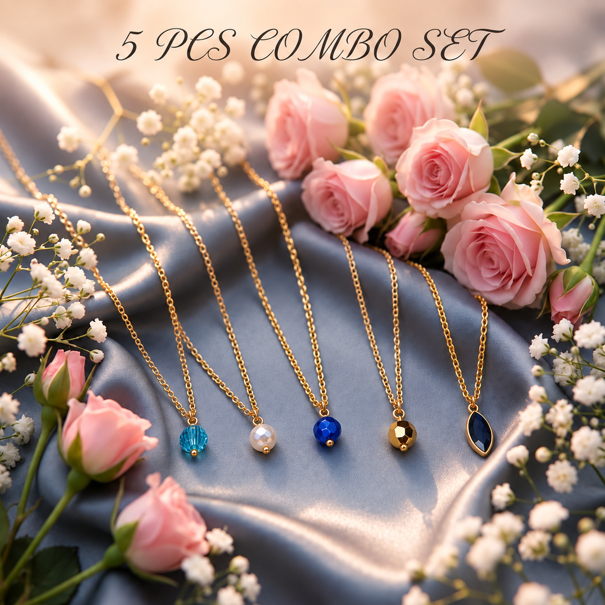 Masfaa Women's 5 Piece Assorted Bead Pendant Necklace Set with Delicate Chains