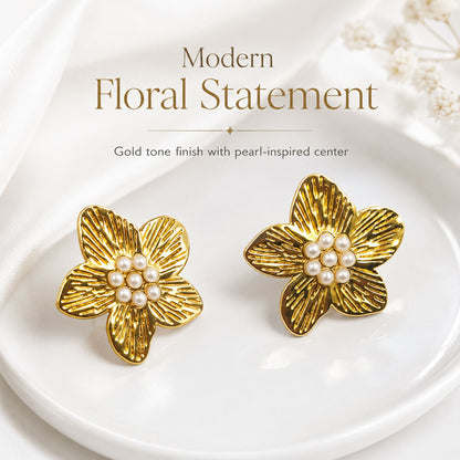 Gold flower earrings styled as elegant fashion jewellery for women
