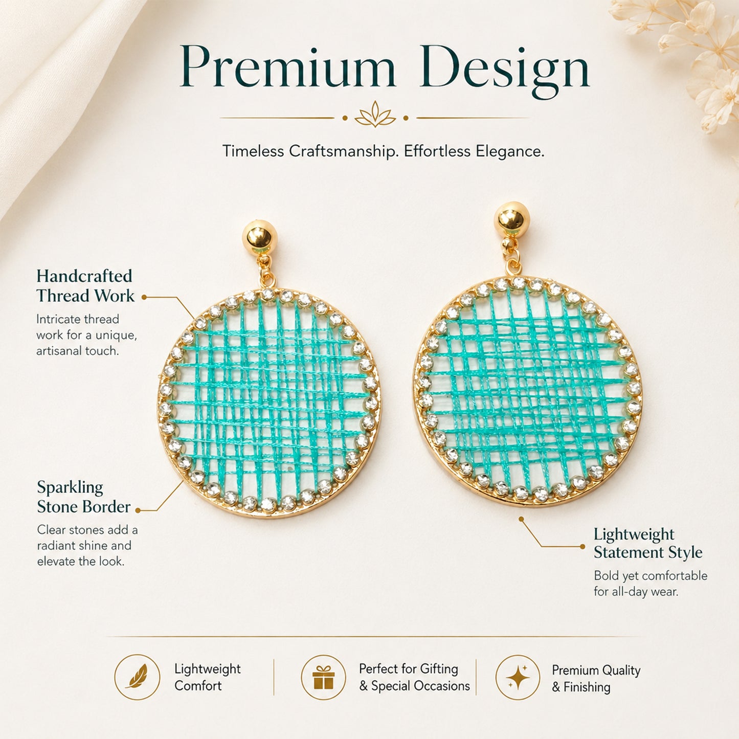 Gold plated circular earrings with turquoise woven design