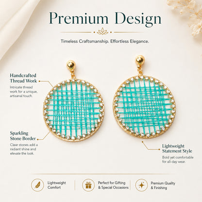 Gold plated circular earrings with turquoise woven design