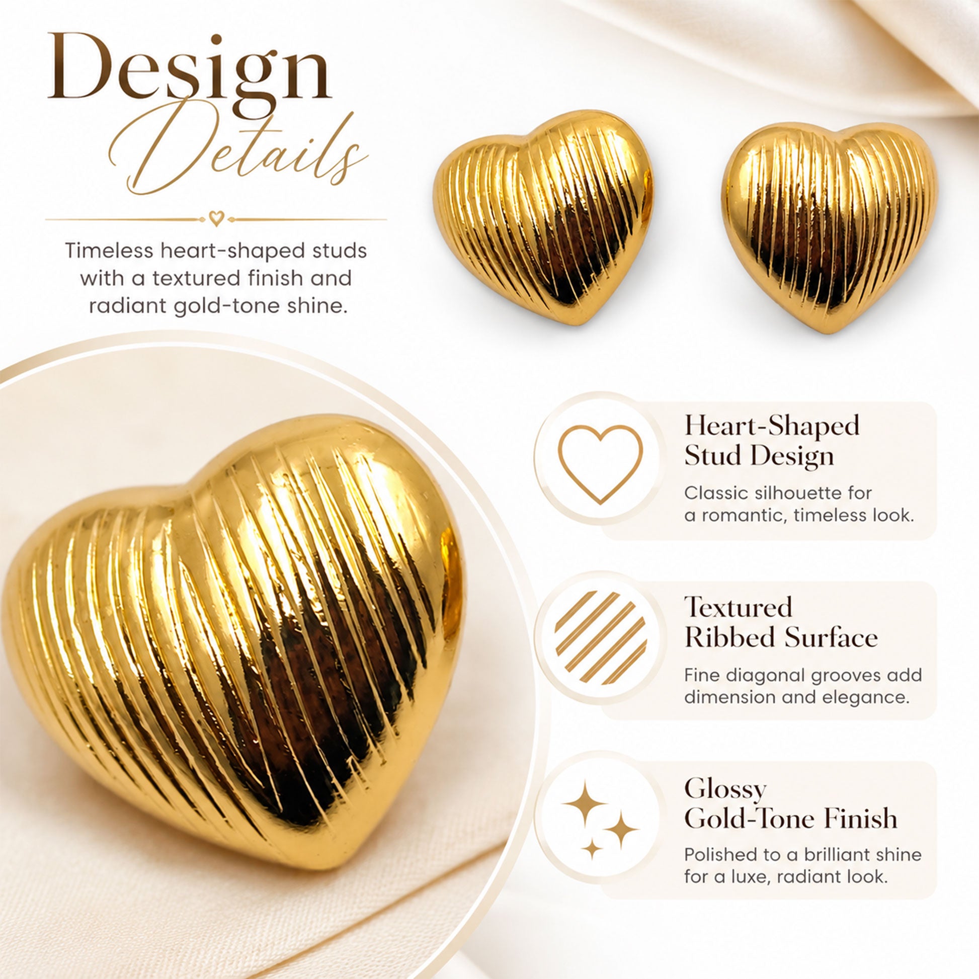 Gold plated heart stud earrings with polished finish