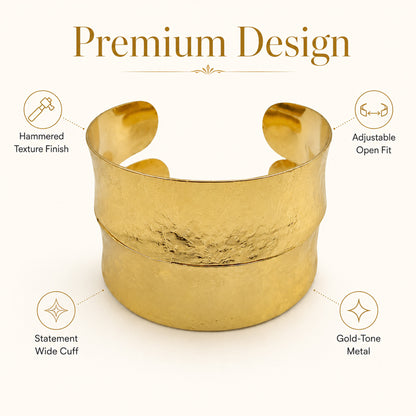 Gold Wide Hammered Open Cuff Bracelet