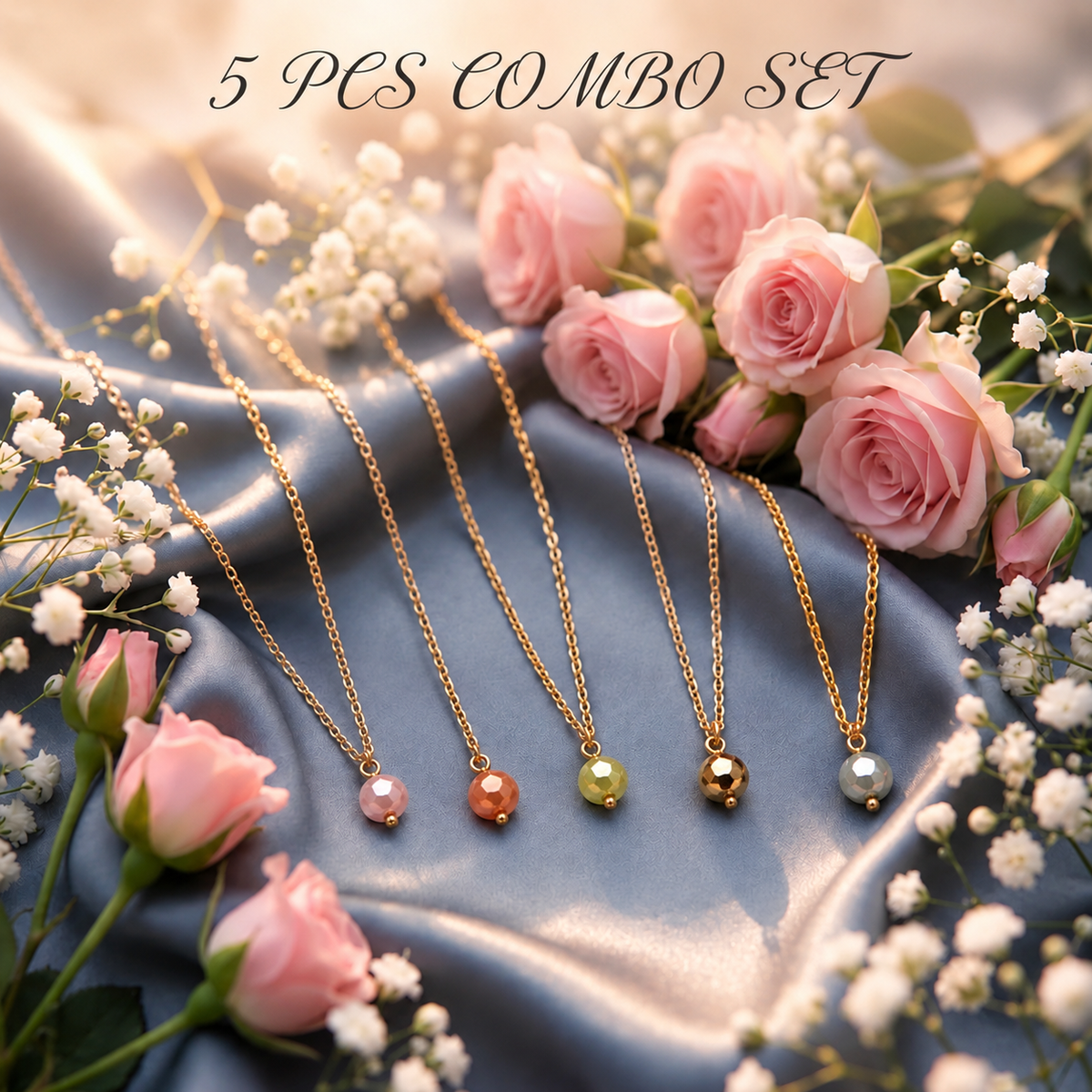 Masfaa Women's 5 Piece Faceted Bead Pendant Necklace Set with Delicate Chains