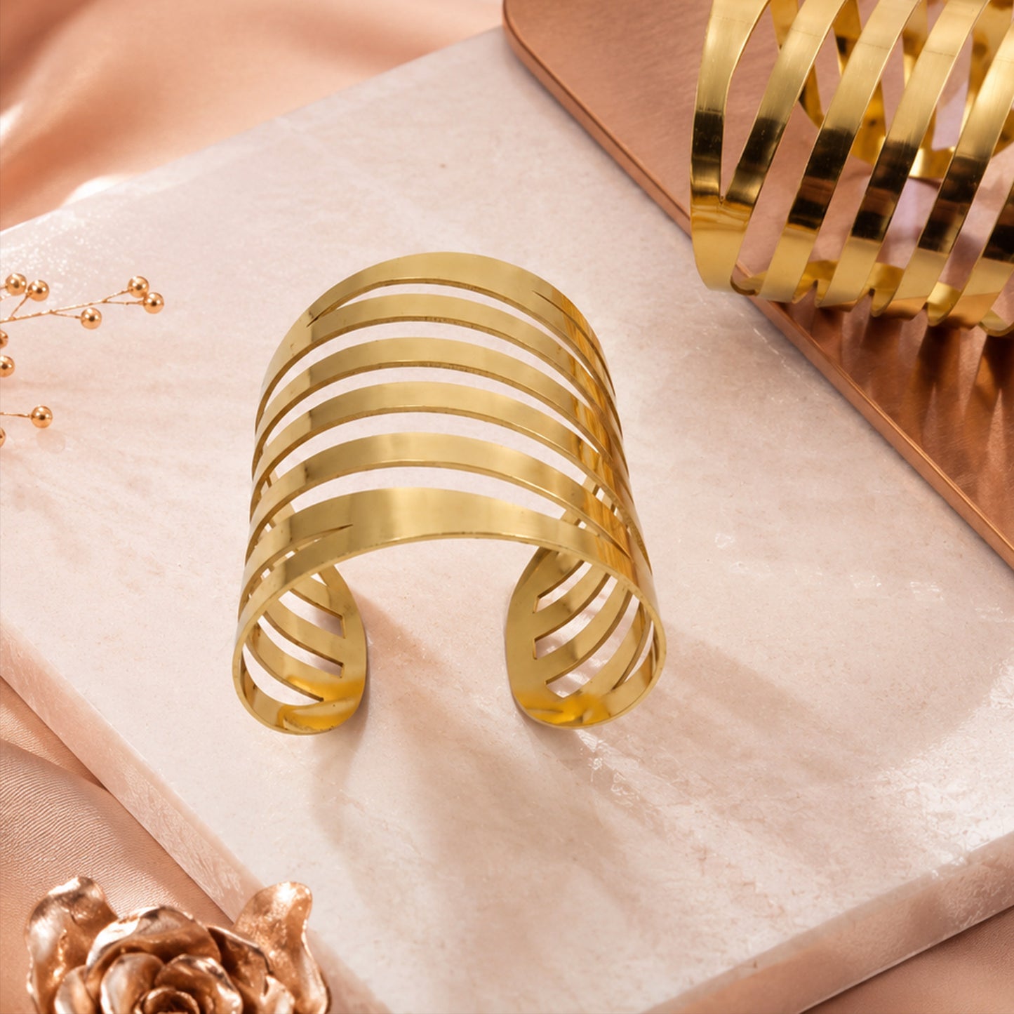 Layered Wave Multi Band Wide Open Cuff Bracelet