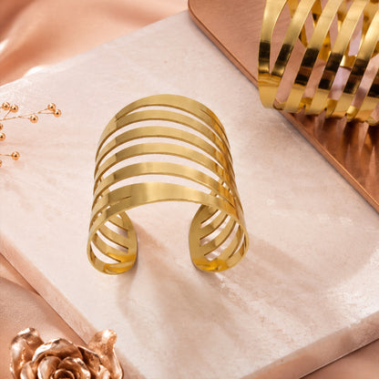 Layered Wave Multi Band Wide Open Cuff Bracelet