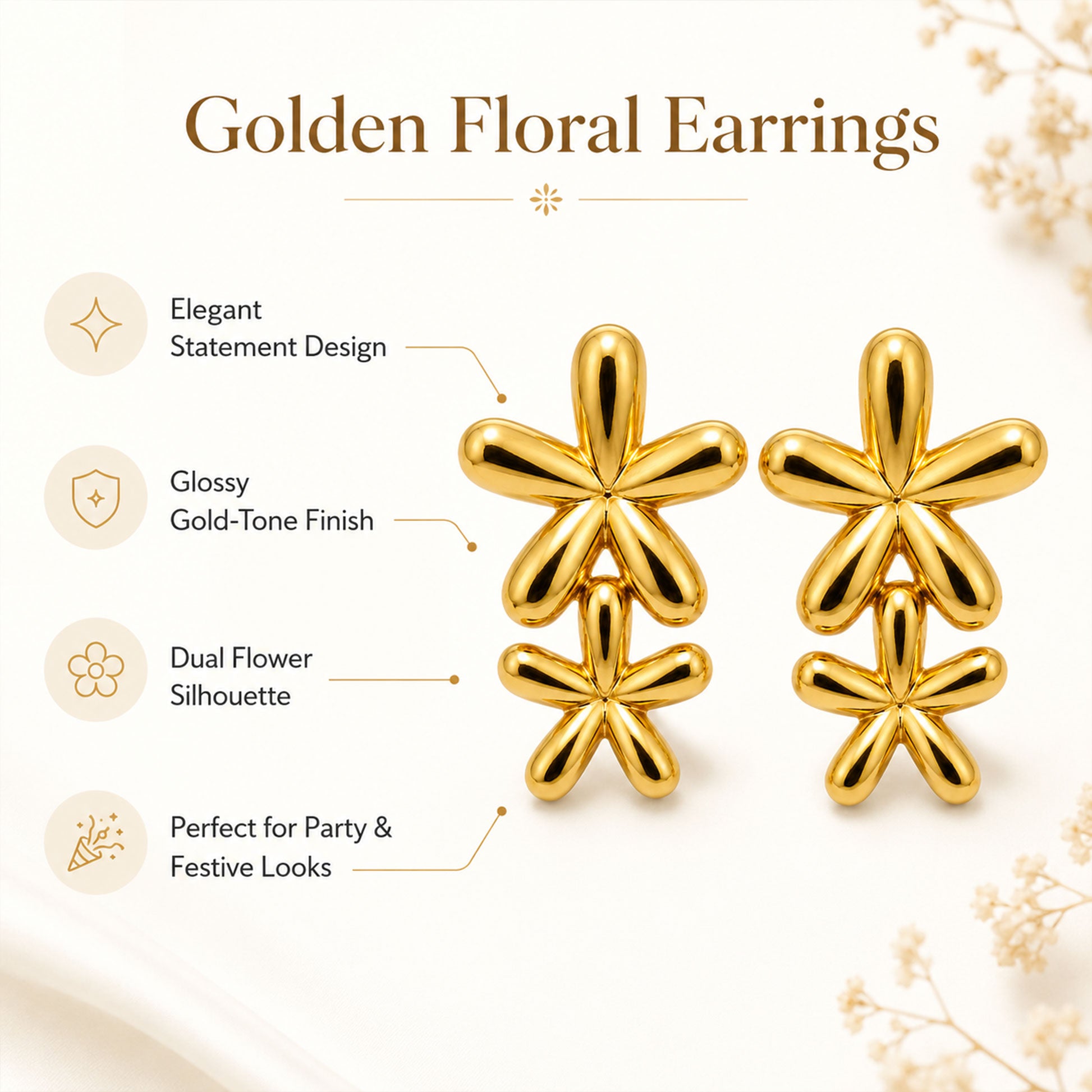 Stylish gold flower earrings for women daily wear and party look