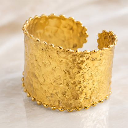 Brass Hammered Beaded Border Wide Open Cuff Bracelet