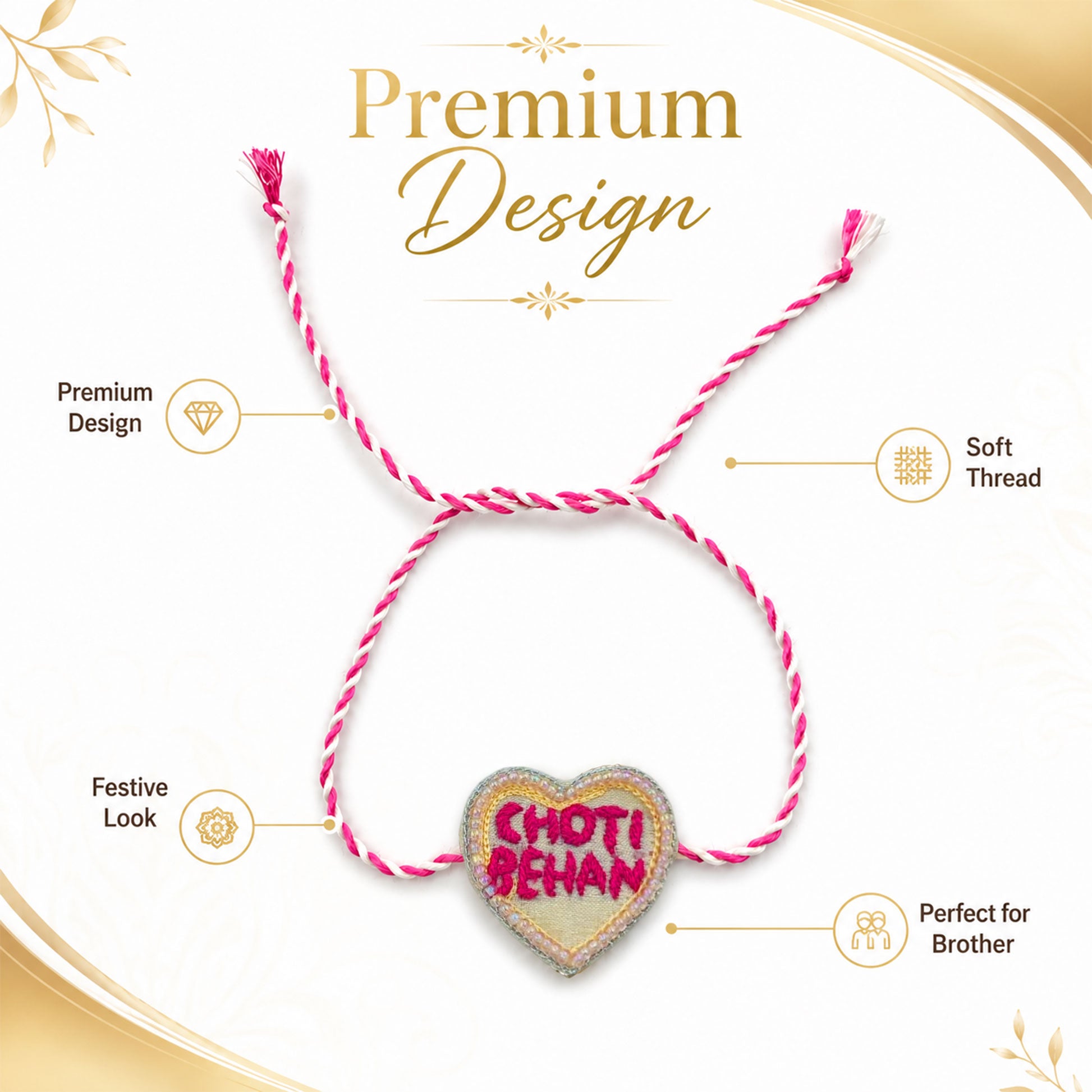 Pink and white thread rakhi for younger sister