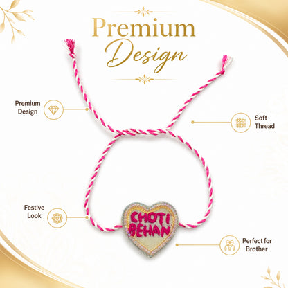 Pink and white thread rakhi for younger sister