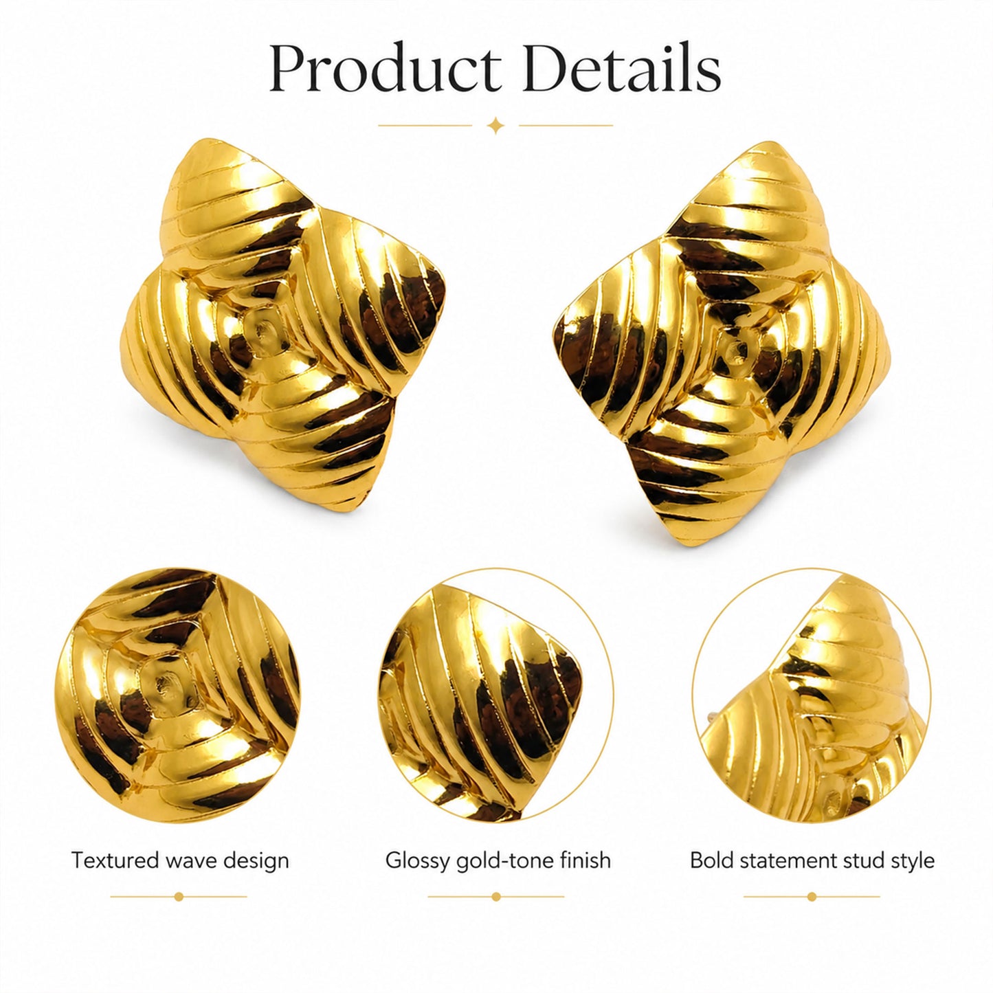 Gold plated geometric stud earrings with polished finish