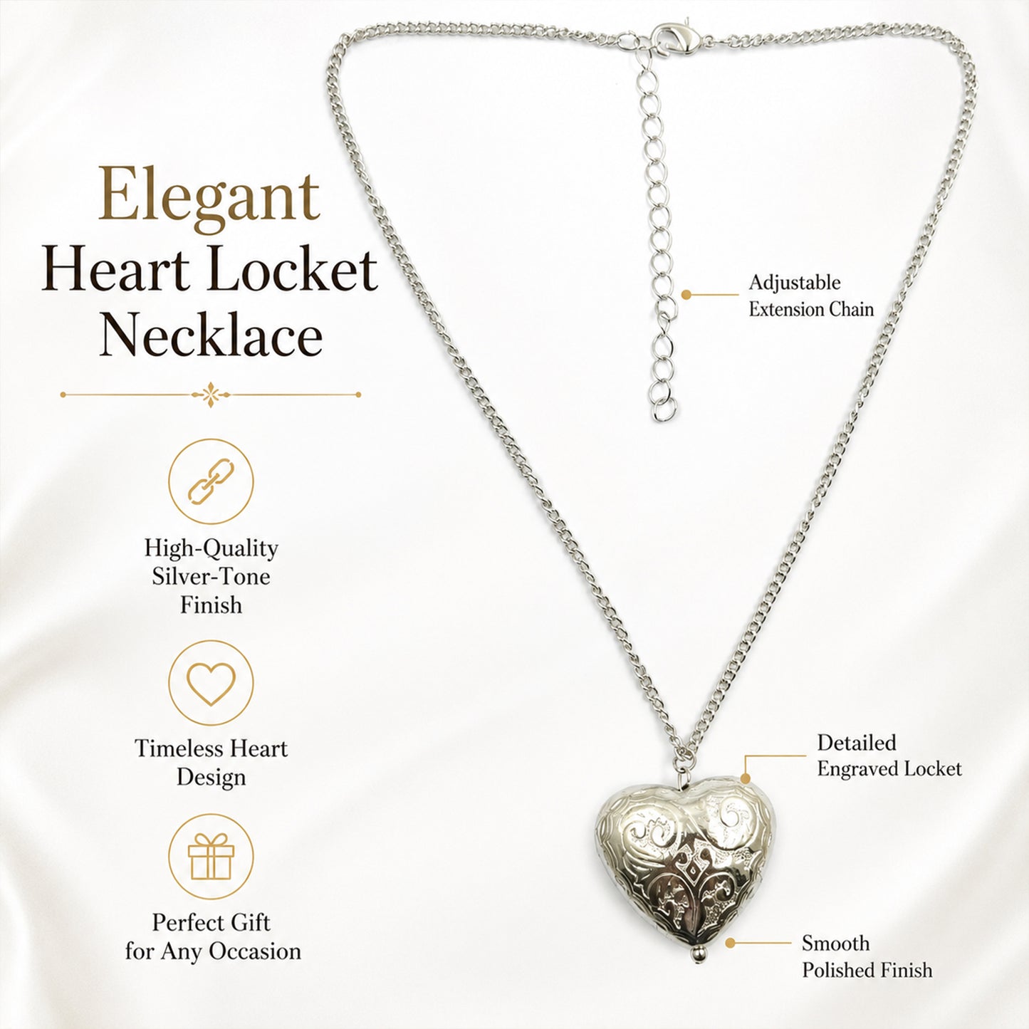 Silver plated heart pendant necklace with polished finish