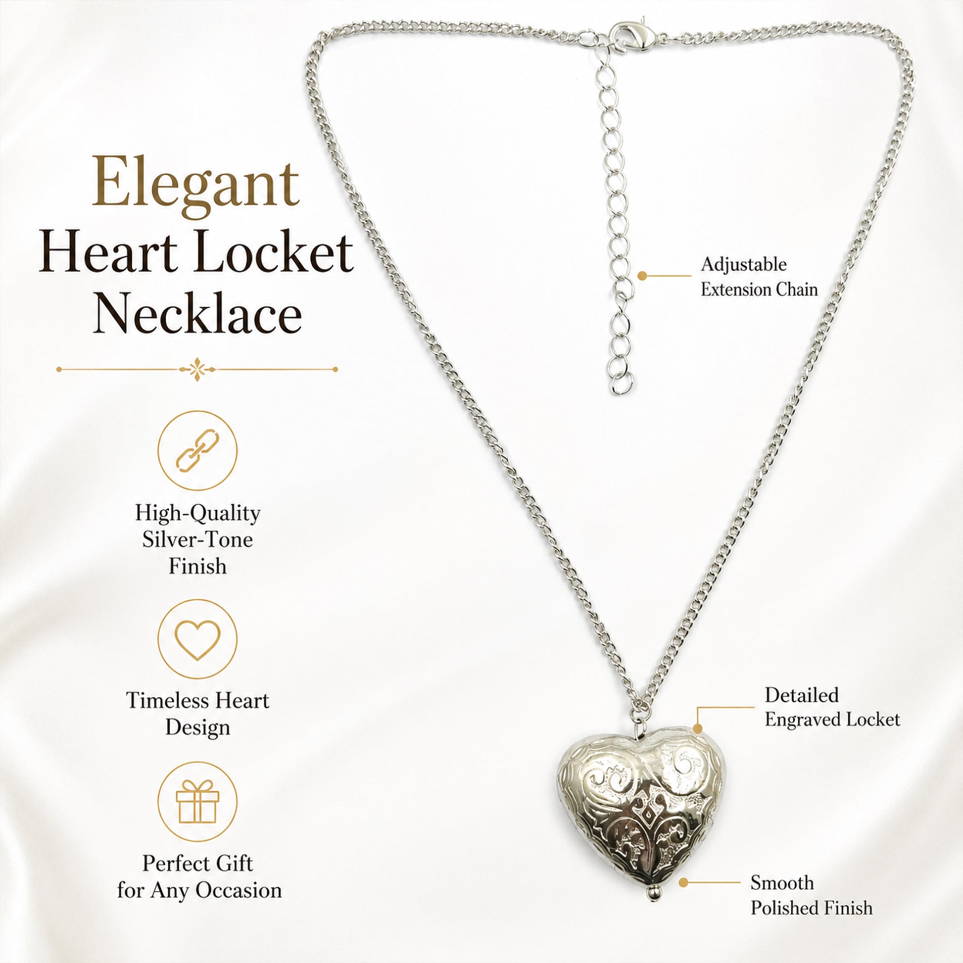 Silver plated heart pendant necklace with polished finish