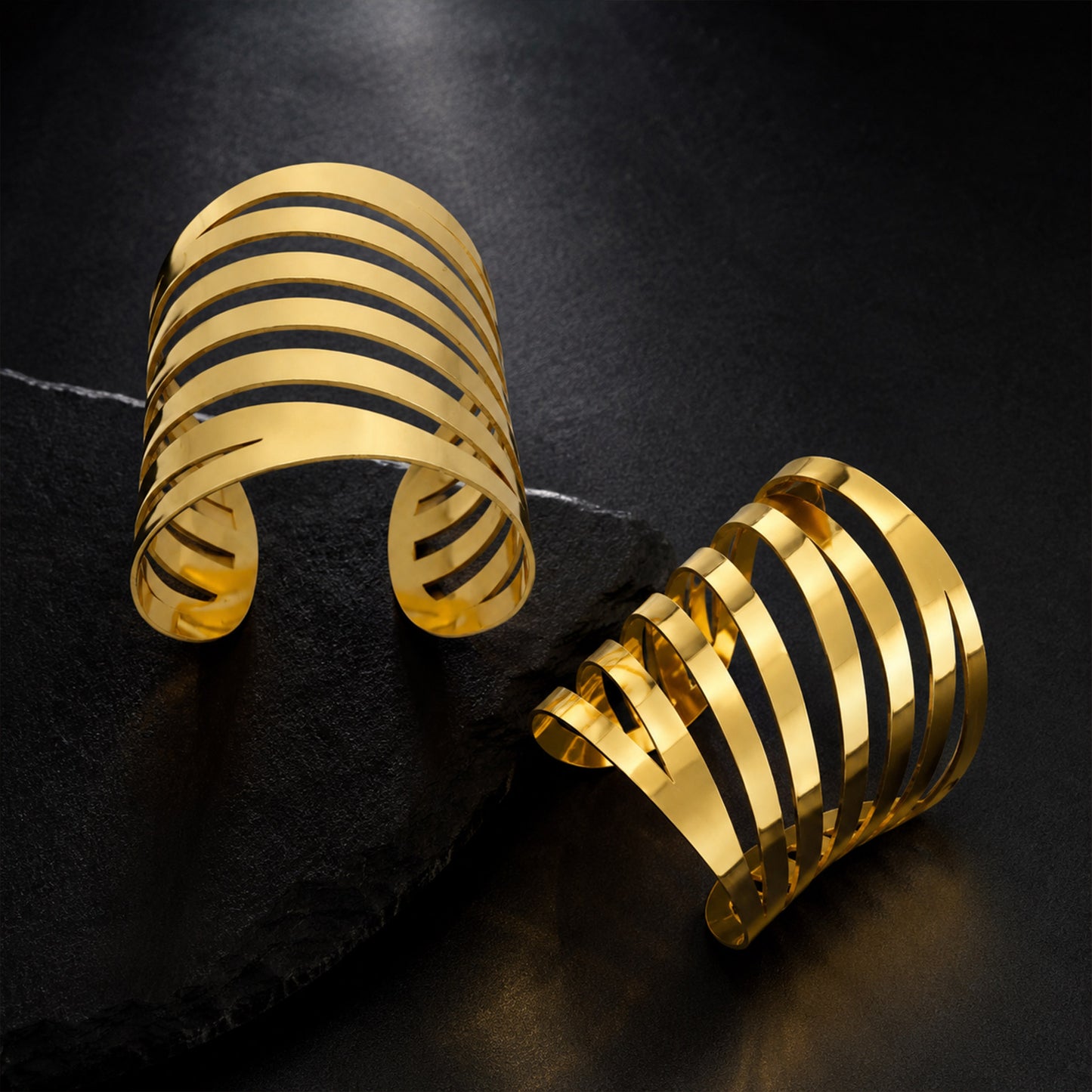 Layered Wave Multi Band Wide Open Cuff Bracelet