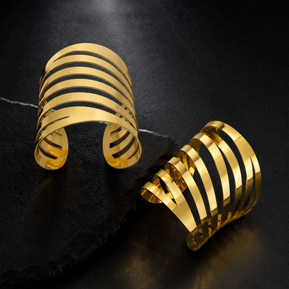 Layered Wave Multi Band Wide Open Cuff Bracelet