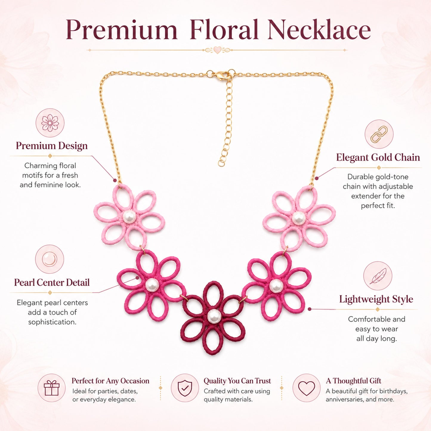 Detailed view of gradient pink flower statement necklace
