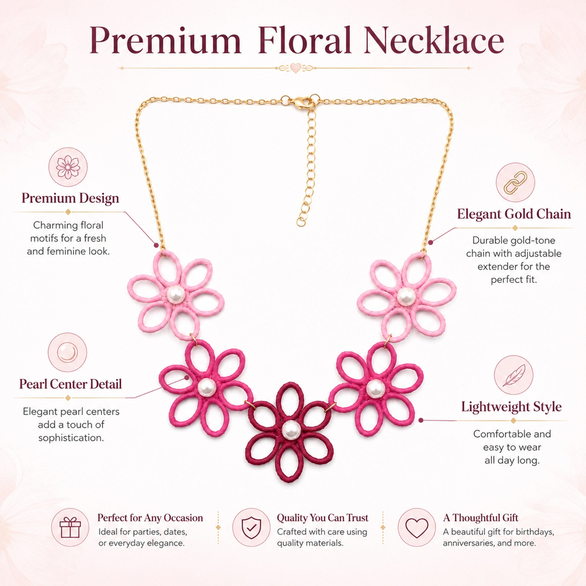 Detailed view of gradient pink flower statement necklace