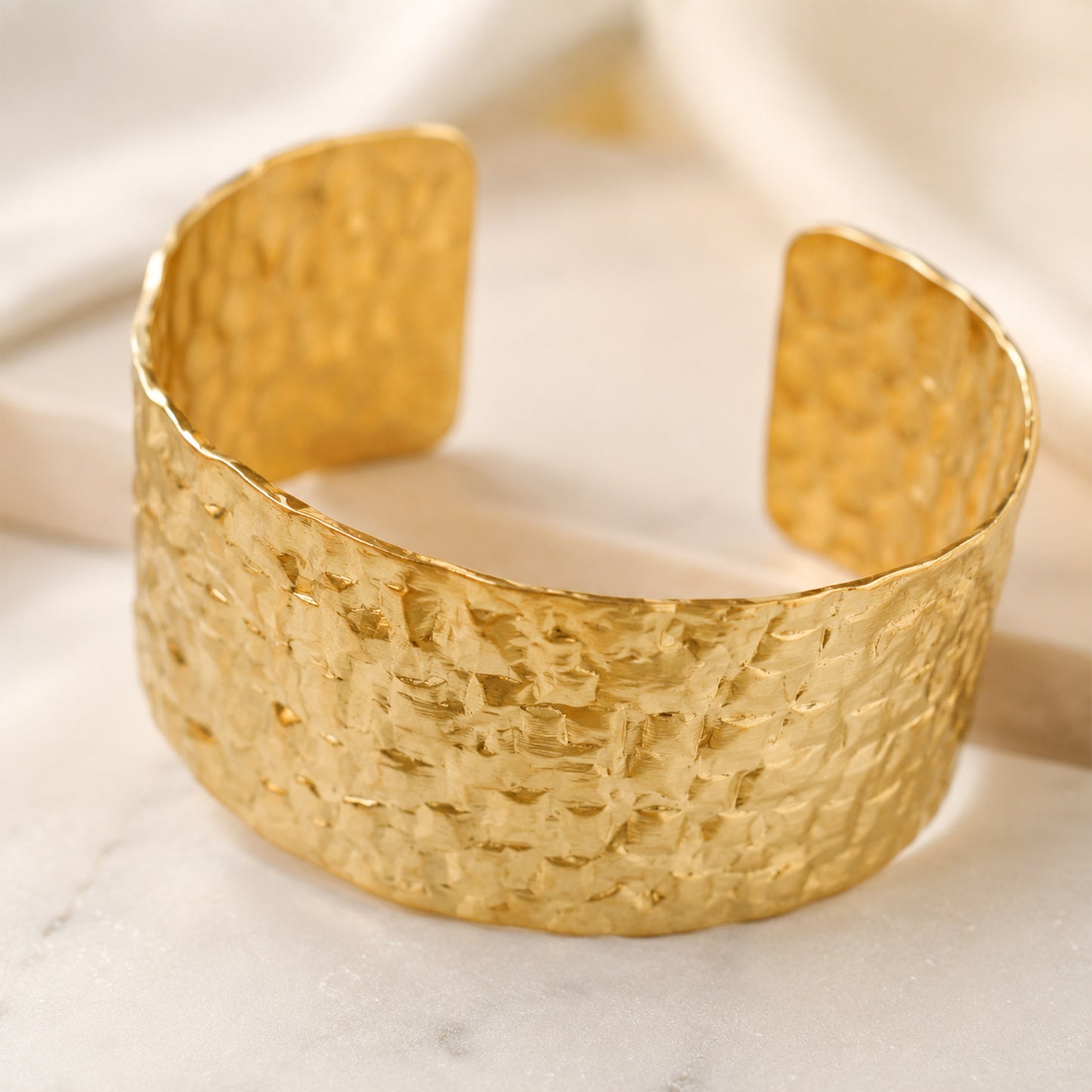 Brass Hammered Floral Texture Wide Open Cuff Bracelet