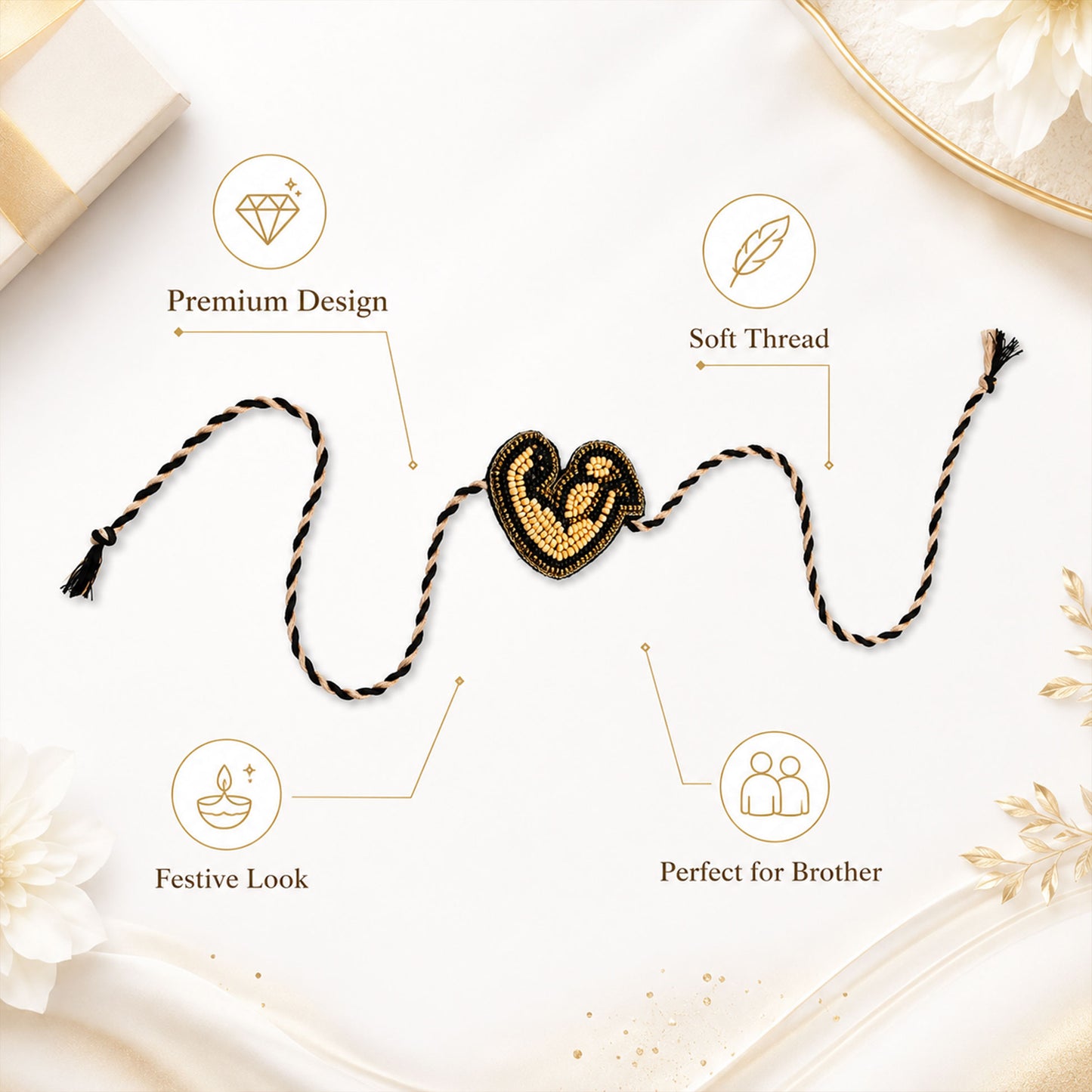 Black and beige braided thread rakhi with love centerpiece