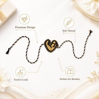 Black and beige braided thread rakhi with love centerpiece