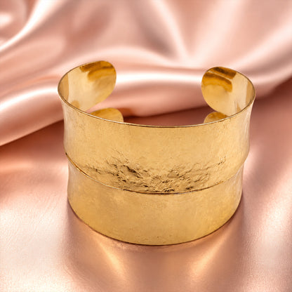 Gold Wide Hammered Open Cuff Bracelet