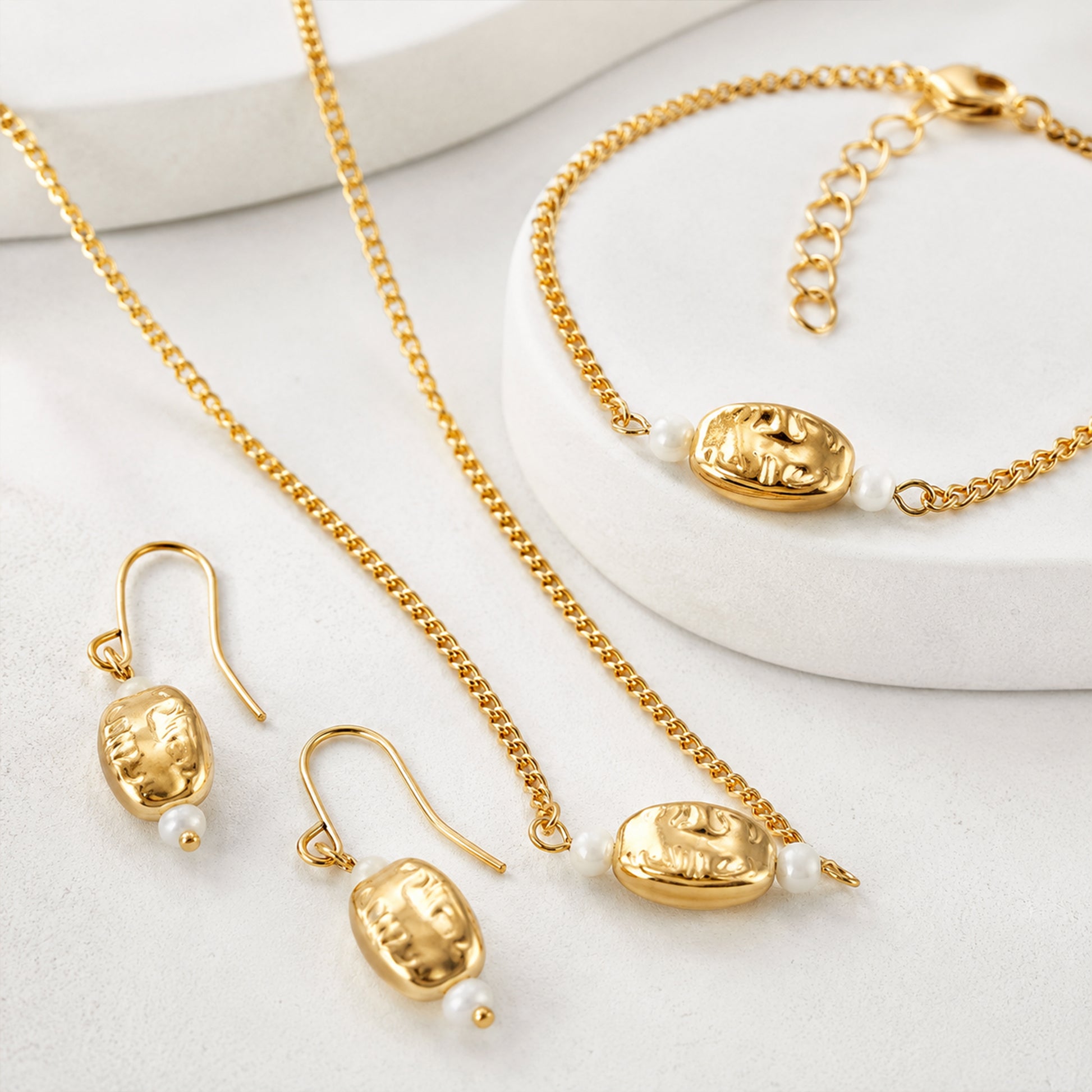 Elegant gold bead necklace bracelet and earrings for party and daily wear