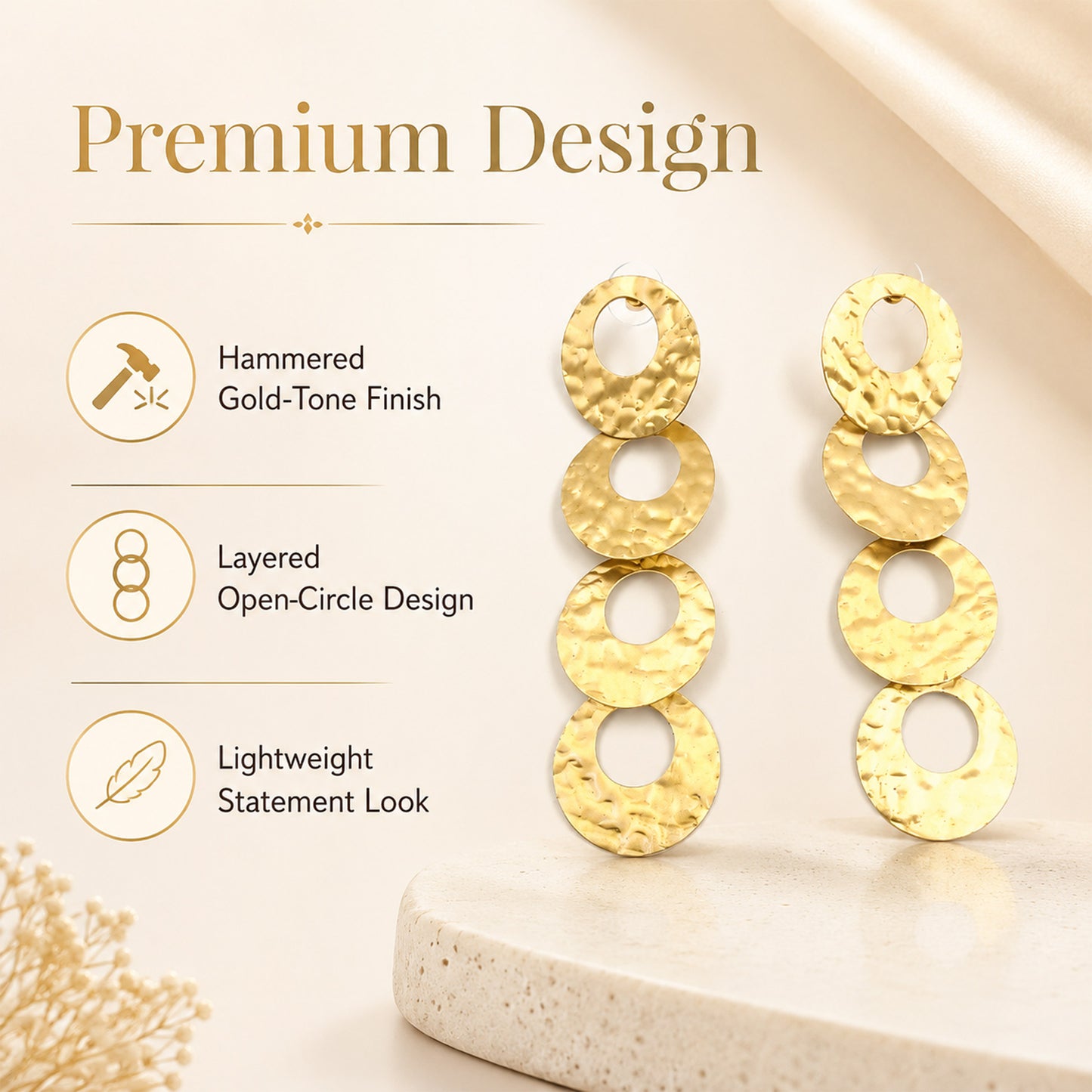 Brass Gold-Tone Hammered Circle Drop Earrings