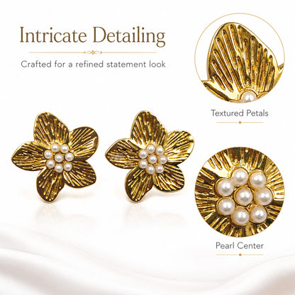 Gold plated flower stud earrings with textured petal design