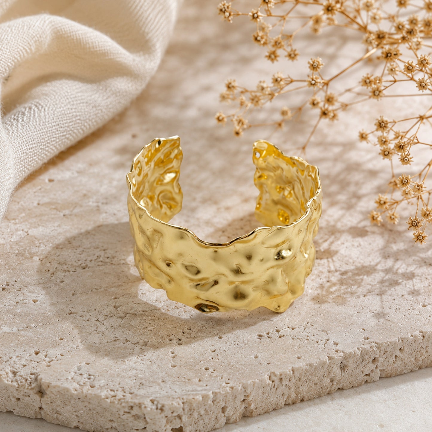Gold Crushed Texture Open Cuff Bracelet
