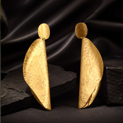 Brass Sculpted Folded Leaf Long Drop Earrings