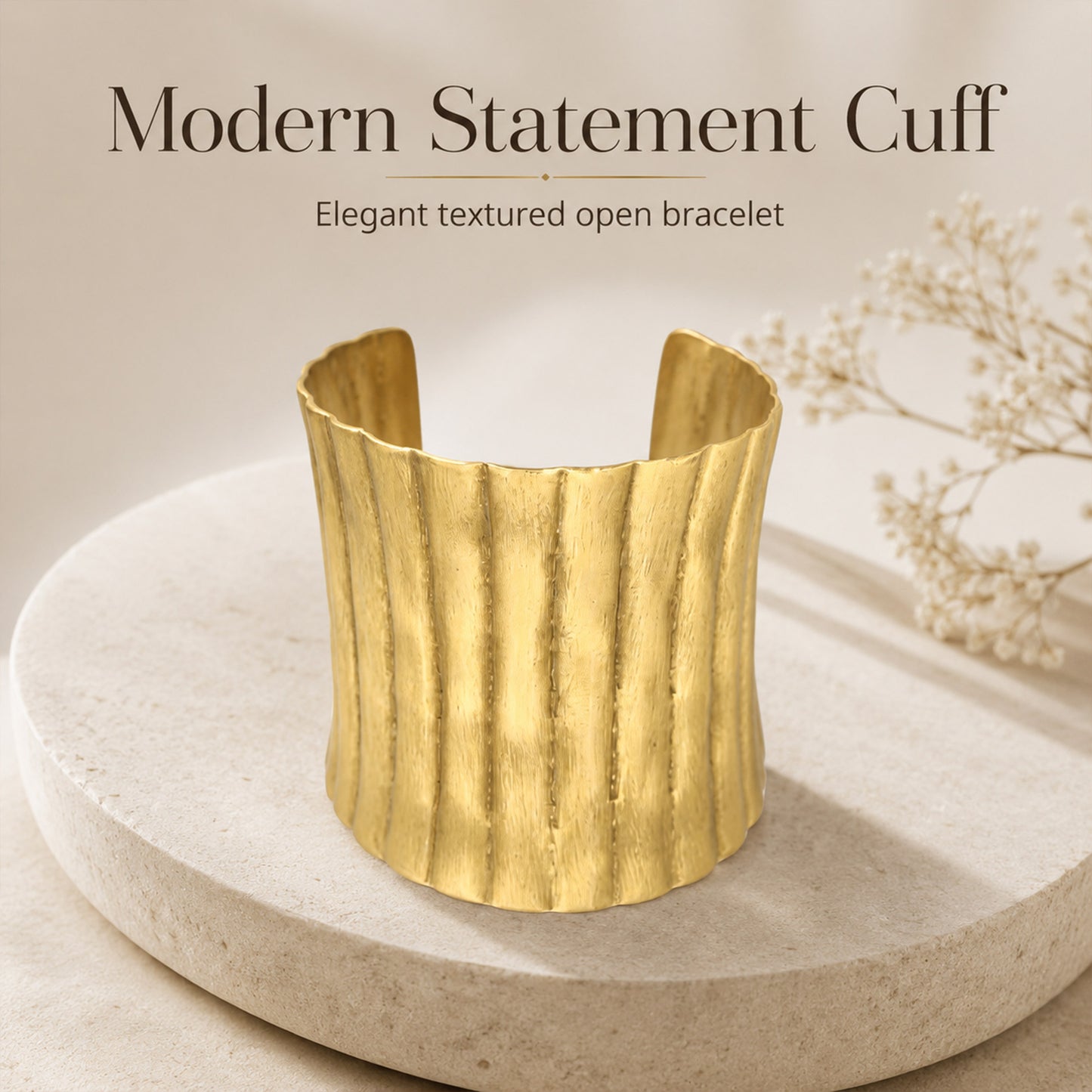 Brass Ribbed Texture Wide Open Cuff Bracelet
