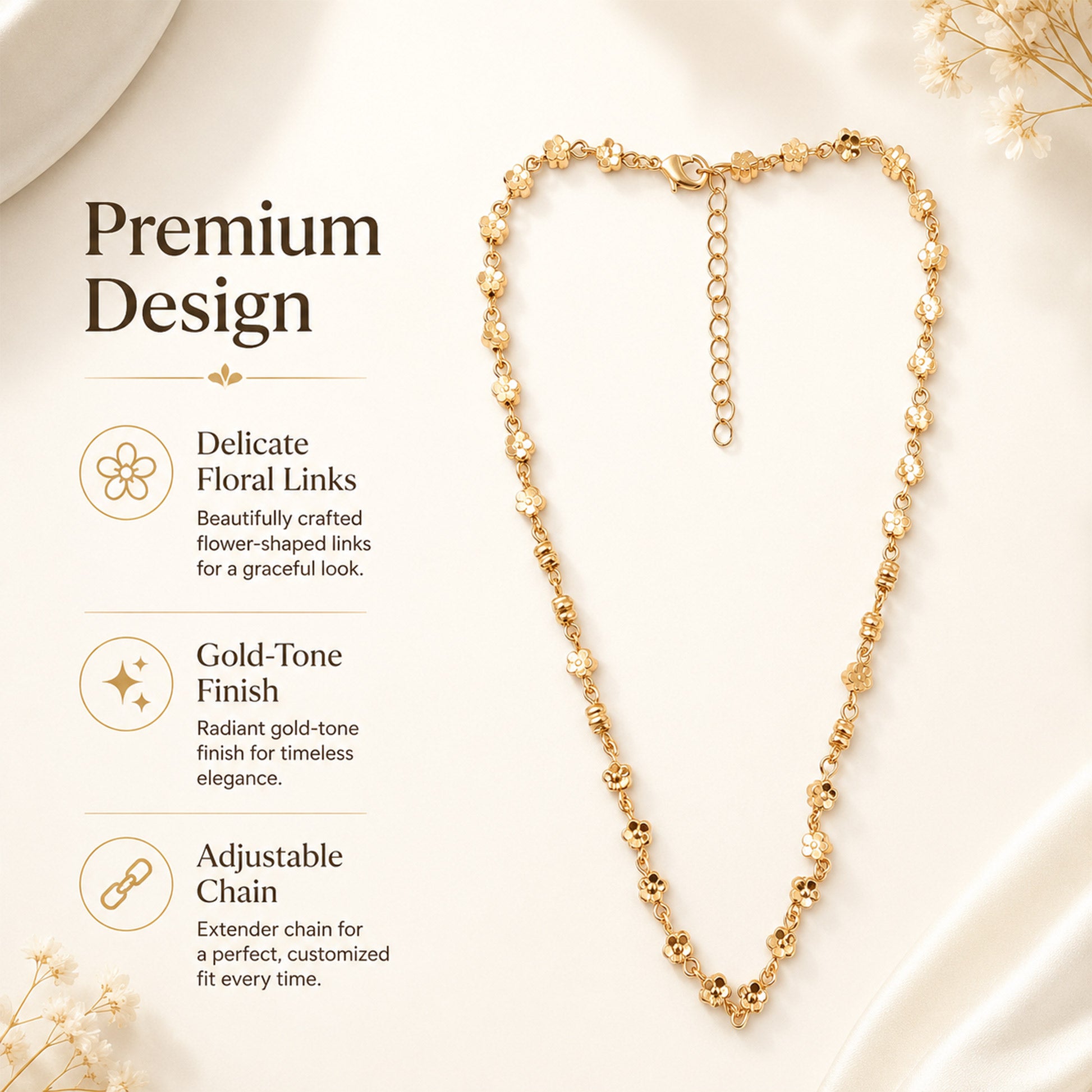 Detailed view of decorative rose gold floral chain necklace