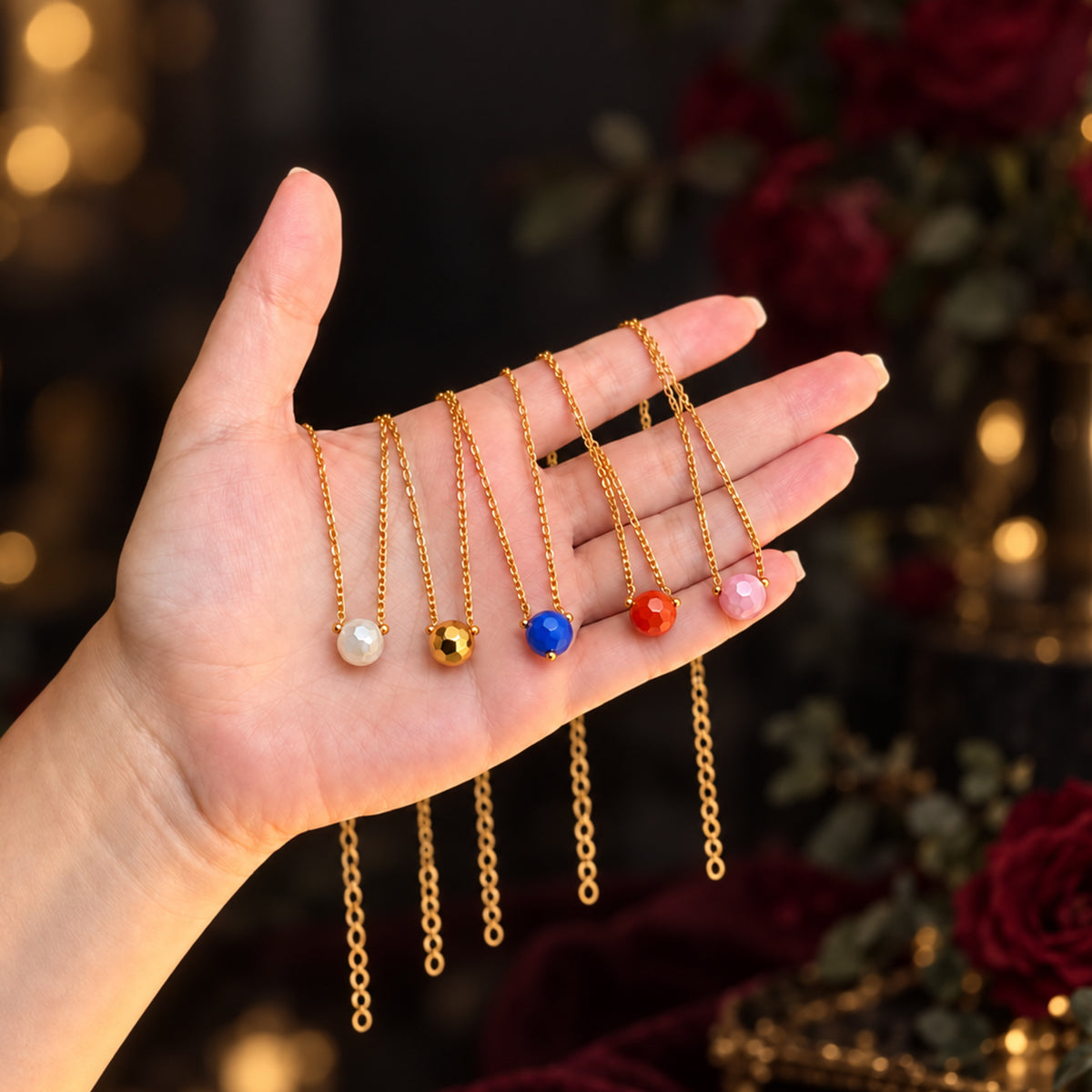 Masfaa Women's 5 Piece Faceted Bead Pendant Necklace Set with Delicate Chains