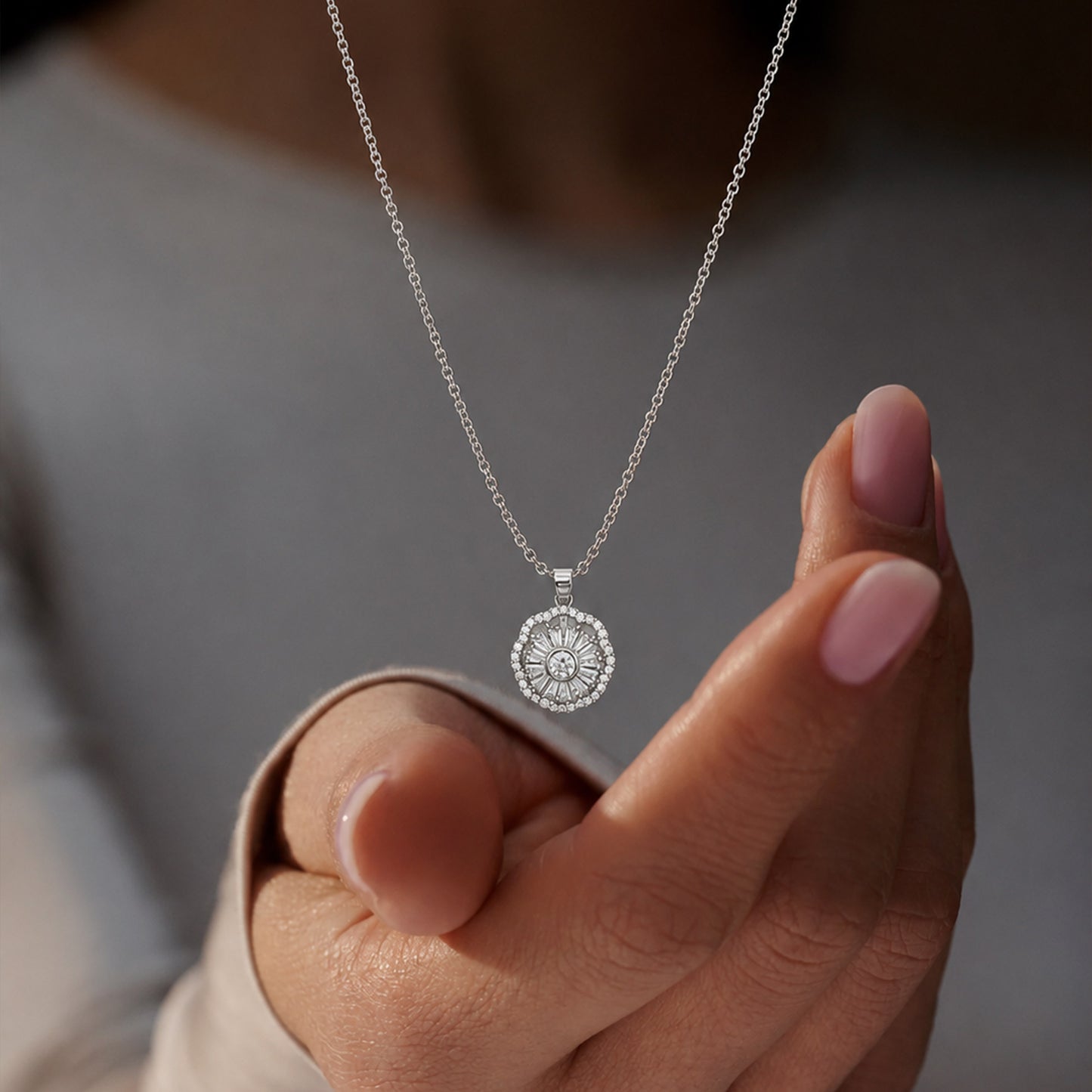 Silver Sunburst Crystal Pendant Necklace