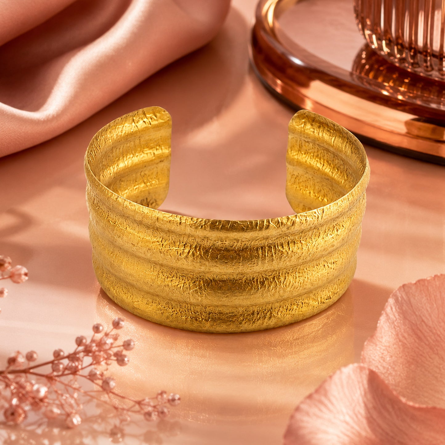 Brass Textured Triple Band Wide Open Cuff Bracelet